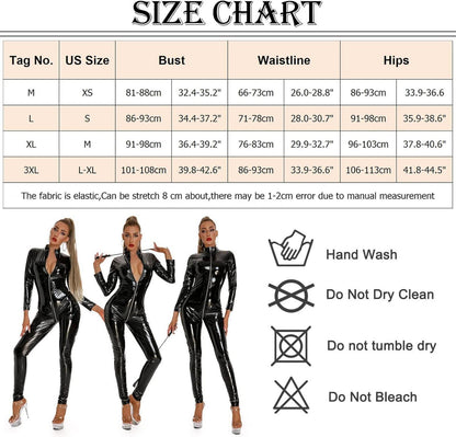 Damen Wet Look Latex Bodysuit Sexy PU Leder A-schwarz M