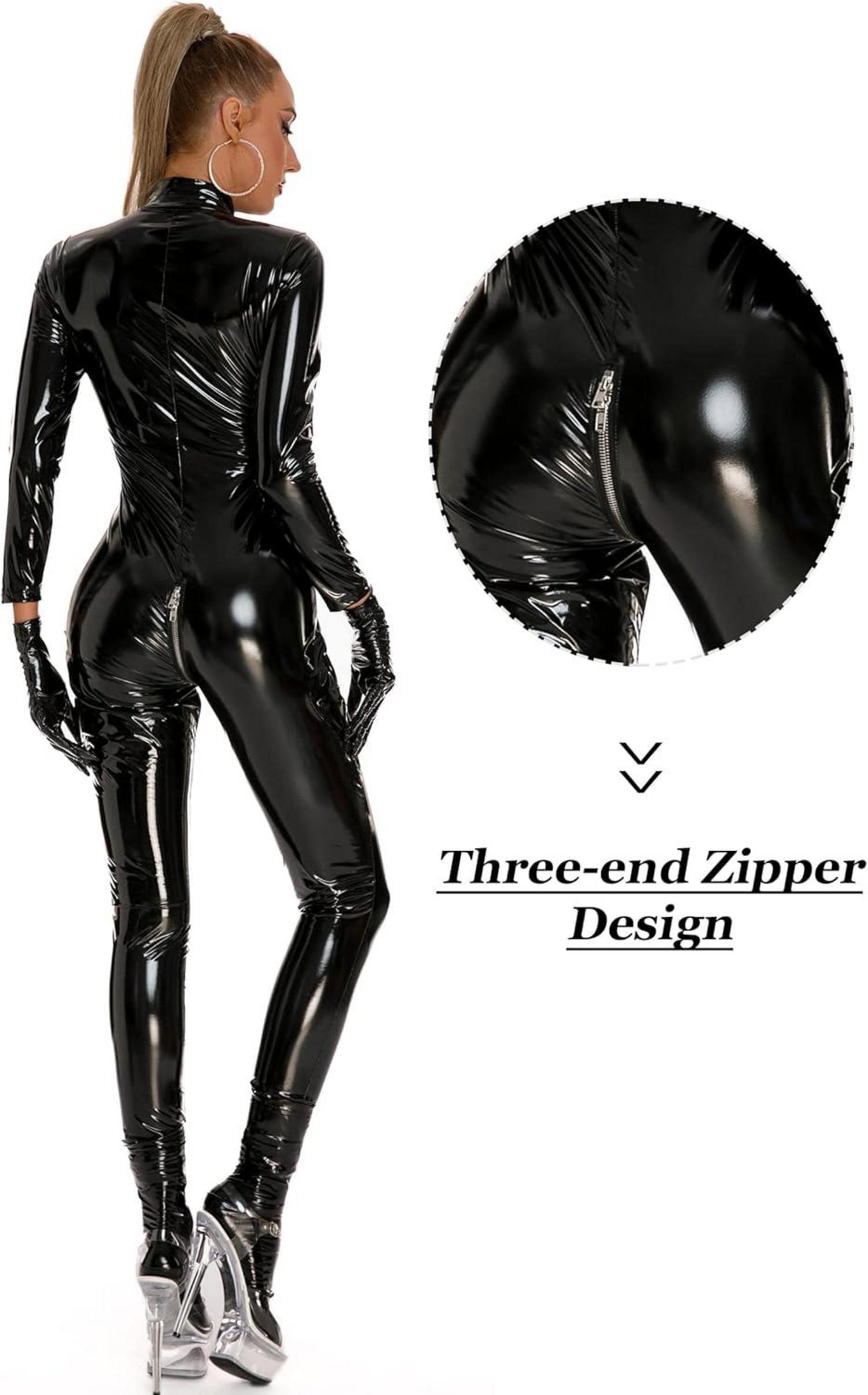 FEOYA Damen PU Leder Wet Look Bodysuit Figurbetont Clubwear A-schwarz M