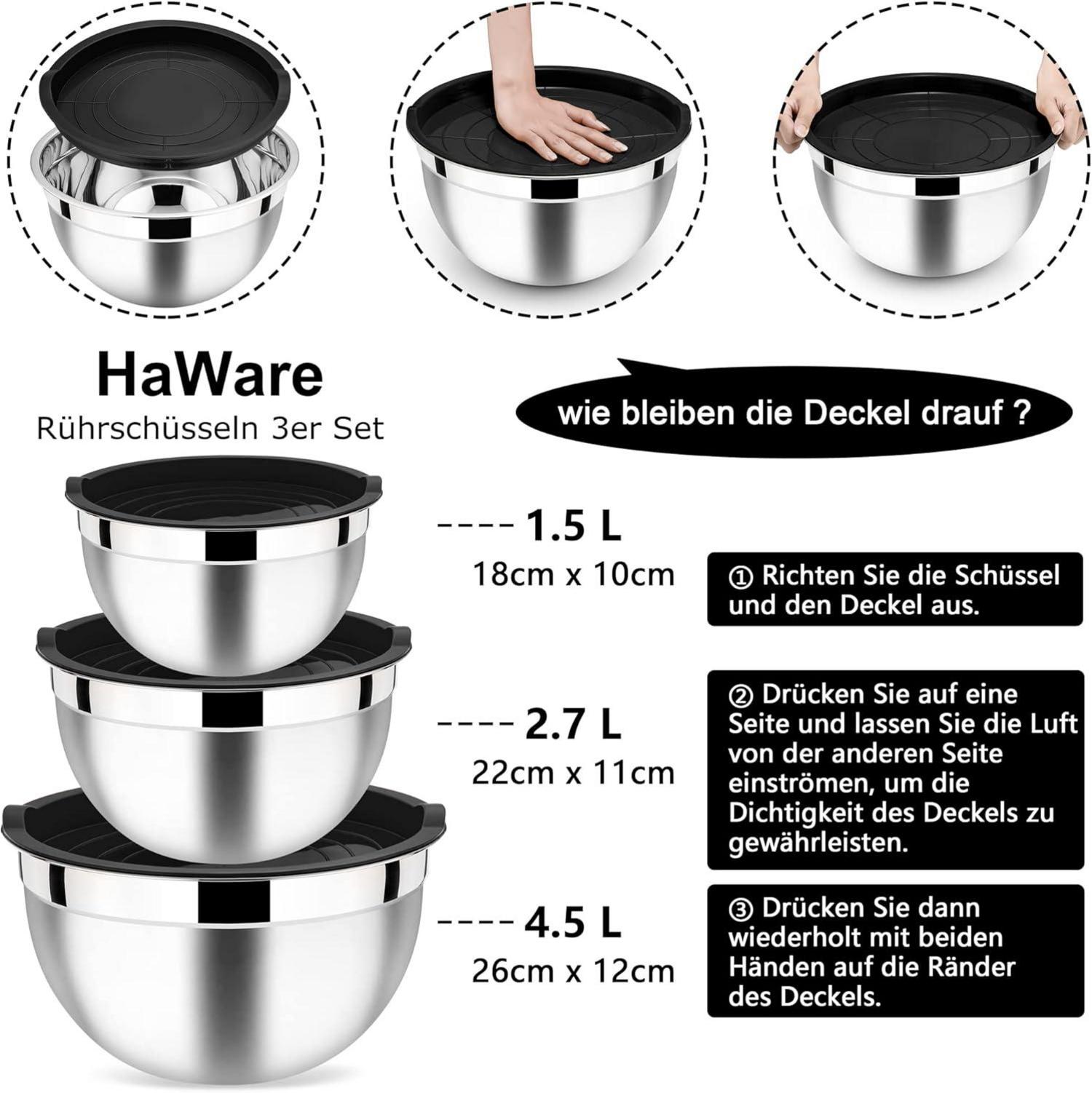 Edelstahl Rührschüssel Set mit Luftdichtem Deckel, 3er Pack