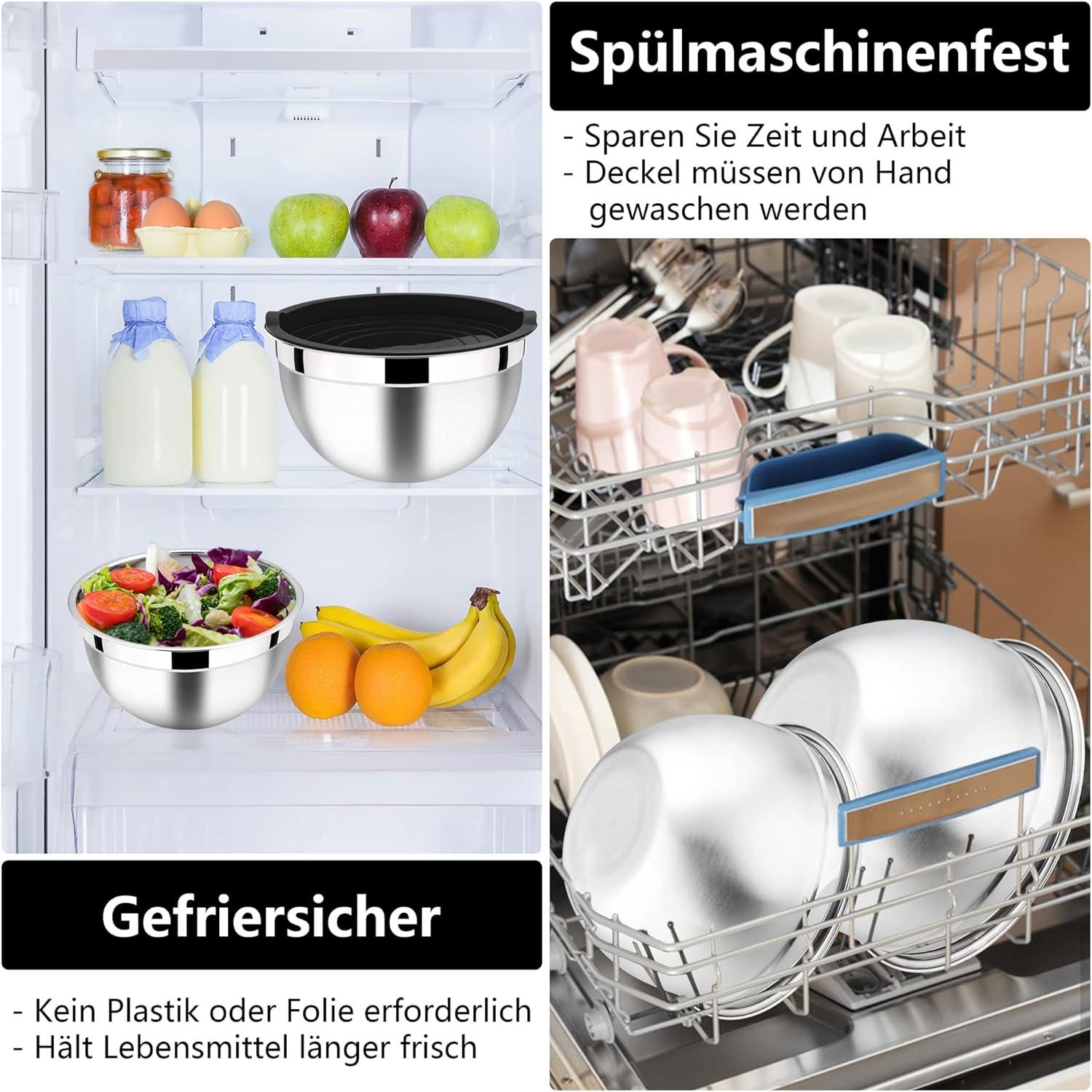 HaWare Rührschüssel Edelstahl Salatschüssel Set 3er Luftdicht Deckel Schwarz
