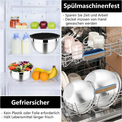 HaWare Rührschüssel Edelstahl Salatschüssel Set 3er Luftdicht Deckel Schwarz