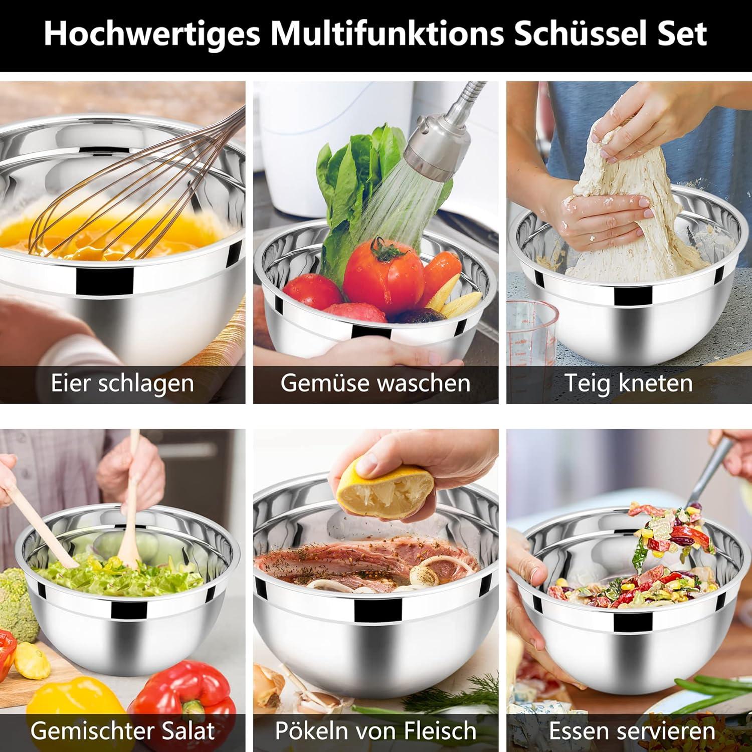 Edelstahl Rührschüssel Set 3er Salatschüssel luftdichtem Deckel 4.5L 2.7L 1.5L
