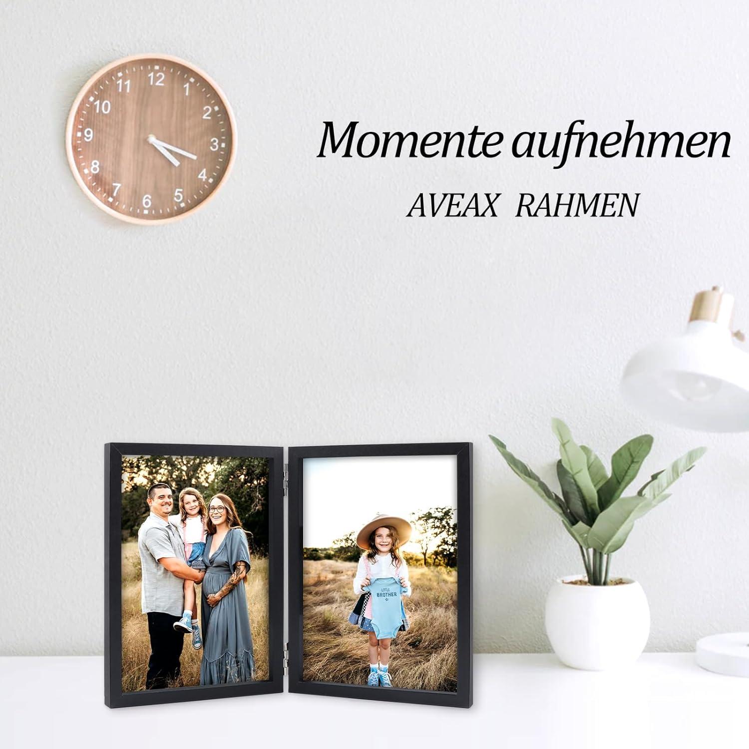 Klappbarer Doppelter 10x15 Bilderrahmen Schwarz Holz Glasfront Desktop