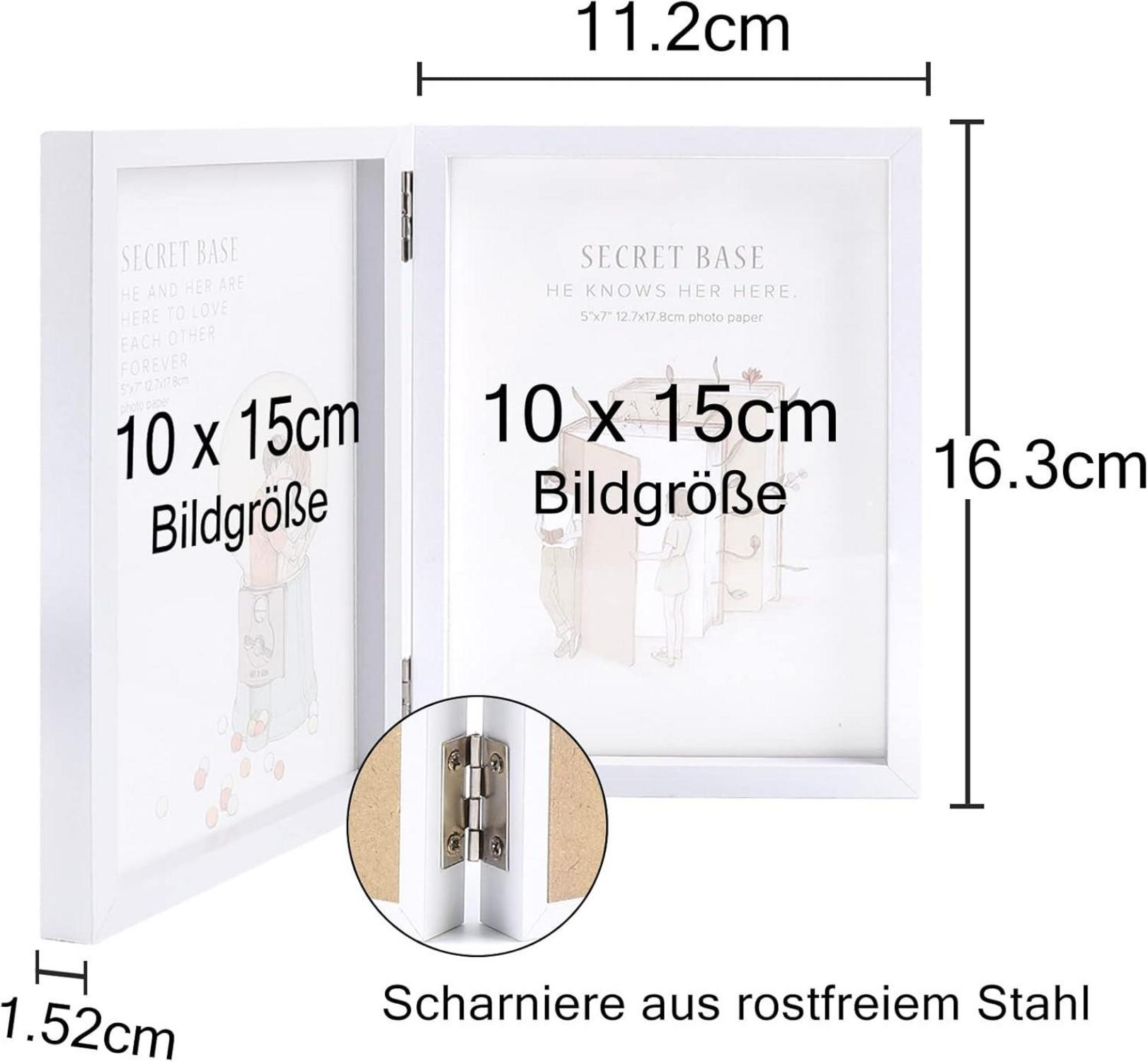 Doppelter Bilderrahmen Holz Glasfront 10x15 Weiß Klappbar