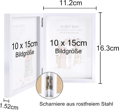 Doppelter Bilderrahmen Holz Glasfront 10x15 Weiß Klappbar