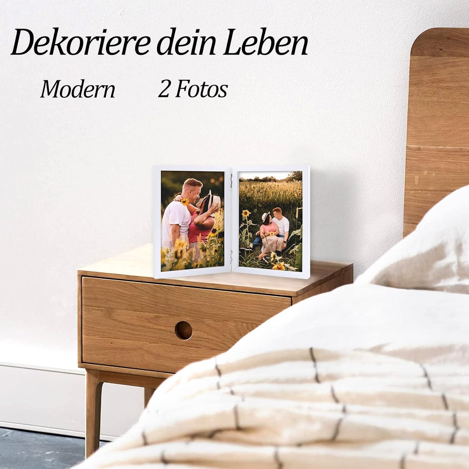 Doppelter 10x15 Bilderrahmen aus Holz mit Glasfrontständer, Weiß 10x15
