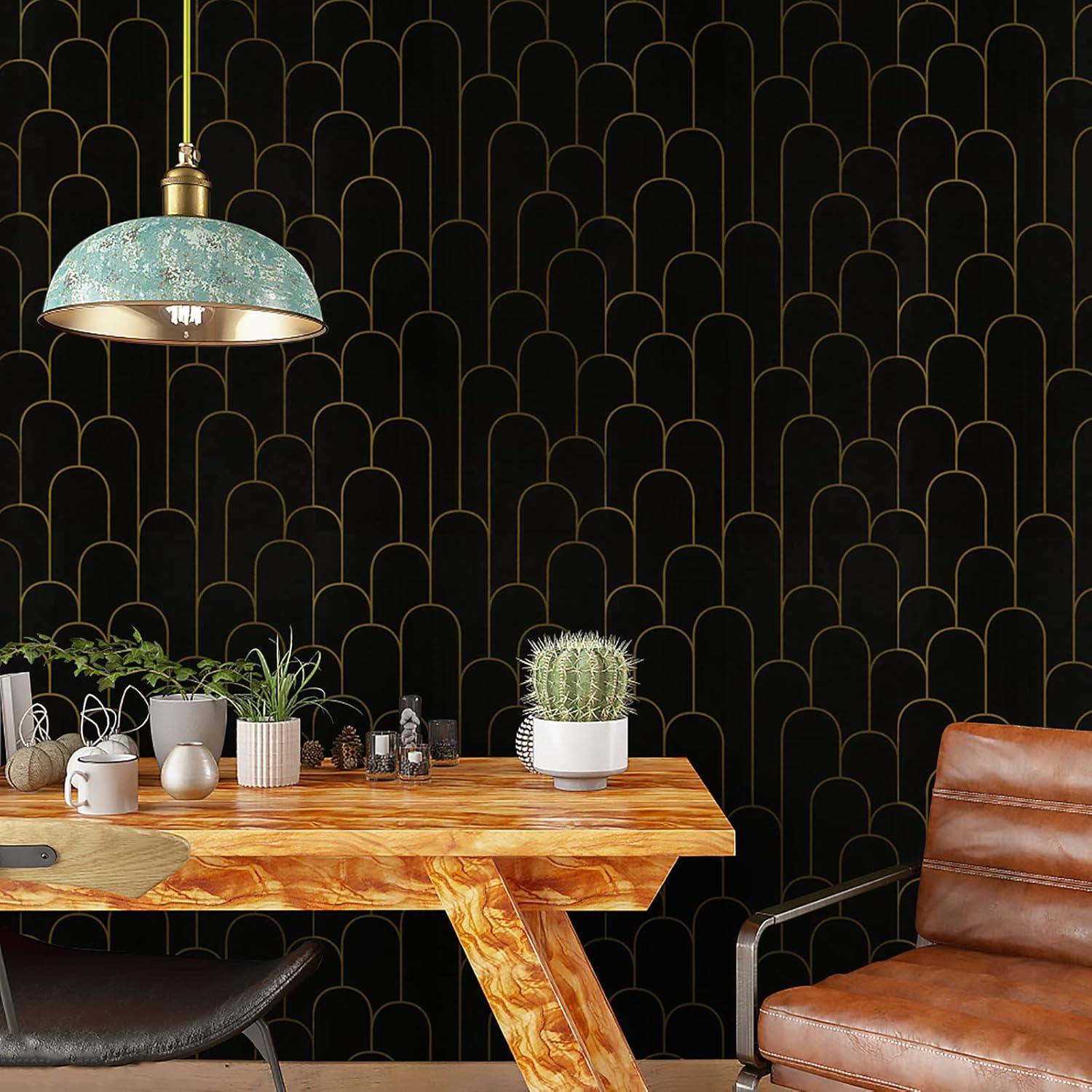 Selbstklebende Tapete Schwarz Gold Geometrisches Muster 44×600cm