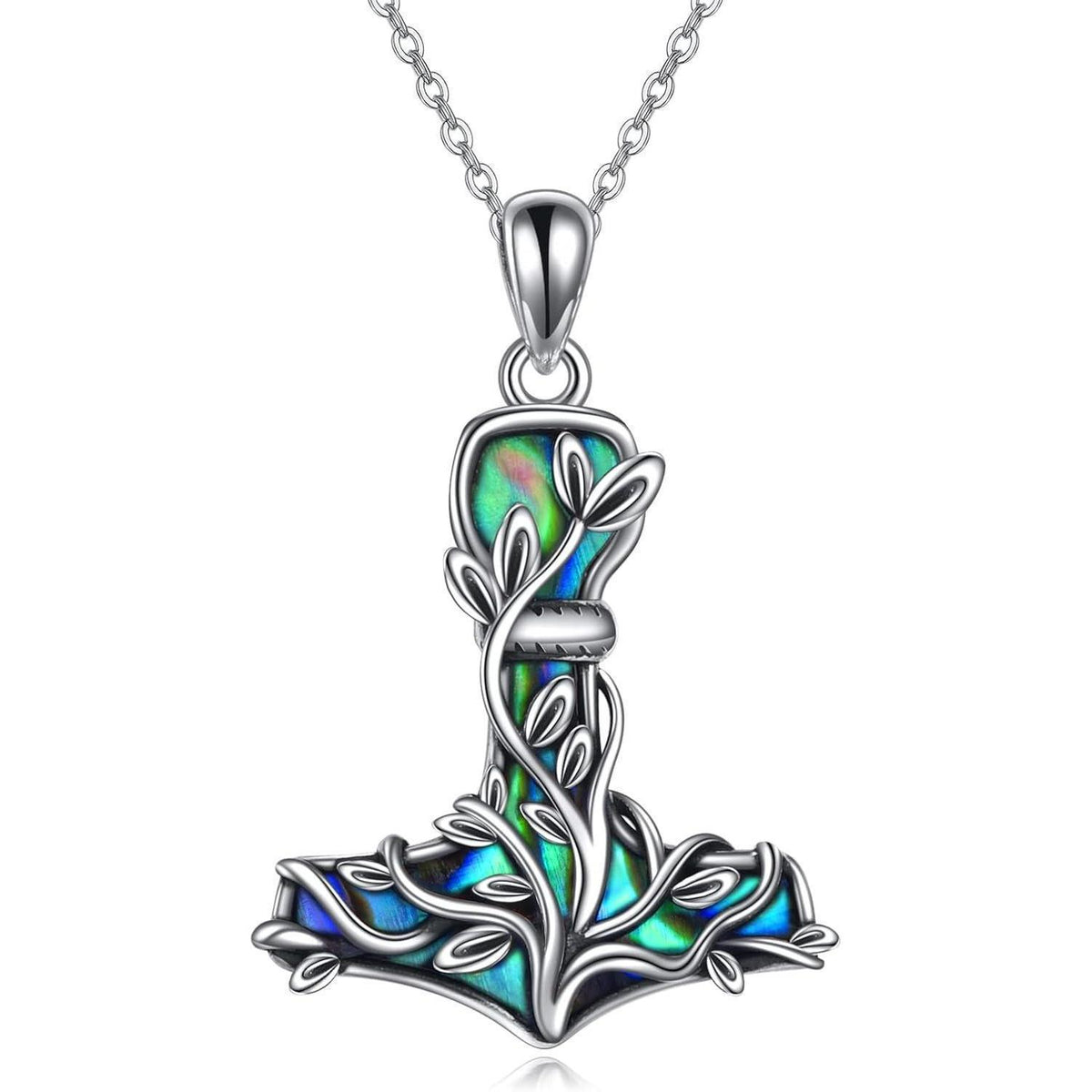 Thor Hammer Halskette Sterling Silber mit Baum des Lebens und Abalone Muschel