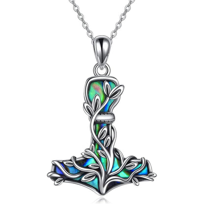 Thor Hammer Halskette Sterling Silber mit Baum des Lebens und Abalone Muschel