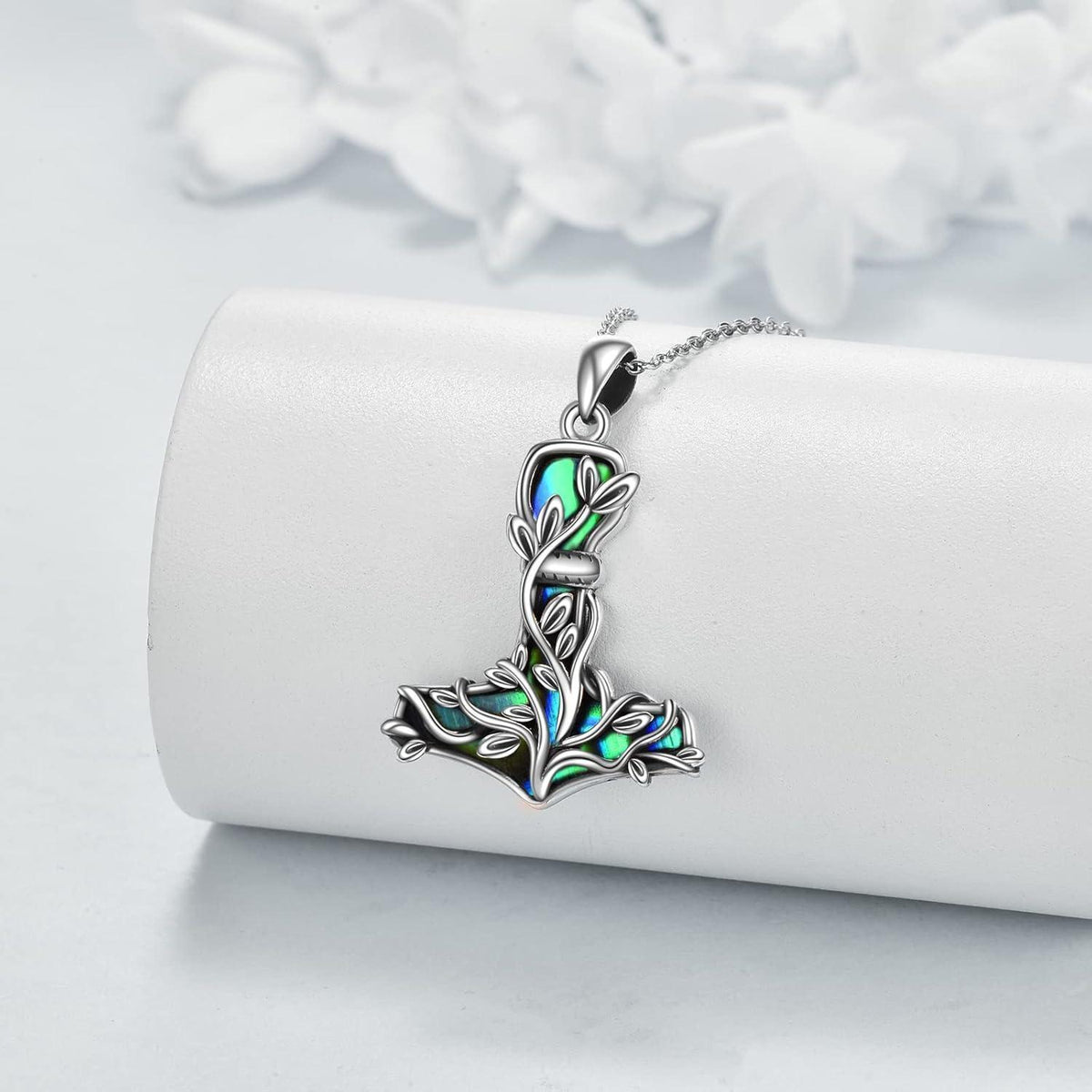 Thor Hammer Halskette Sterling Silber mit Baum des Lebens und Abalone Muschel