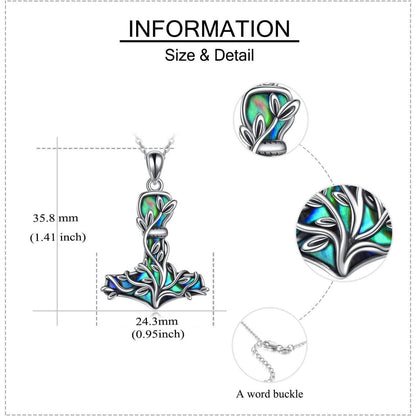 Thor Hammer Halskette Sterling Silber mit Baum des Lebens und Abalone Muschel