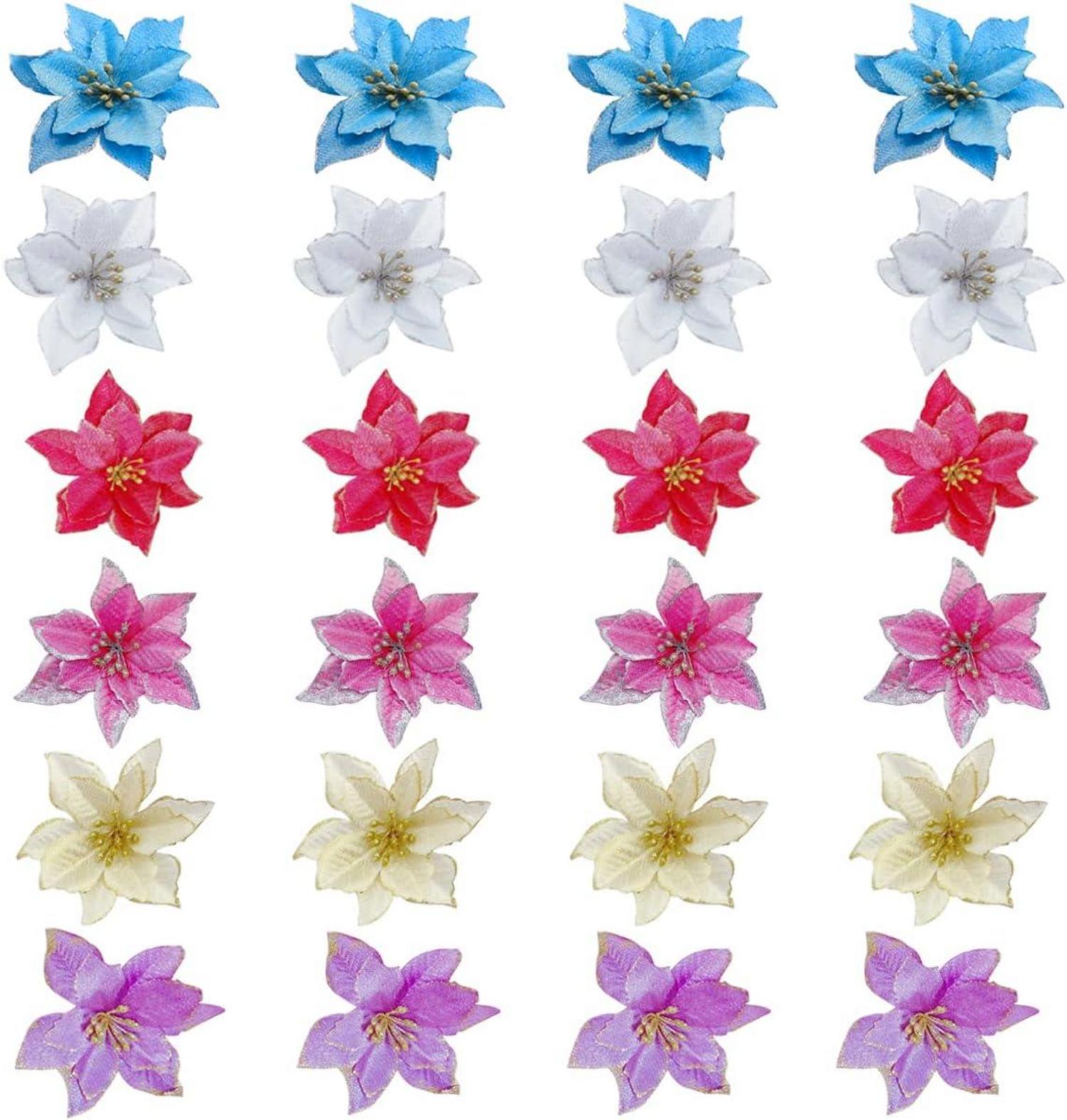 24er Set Künstliche Weihnachtsblumen Weiß Rot Gold Blau Rosa