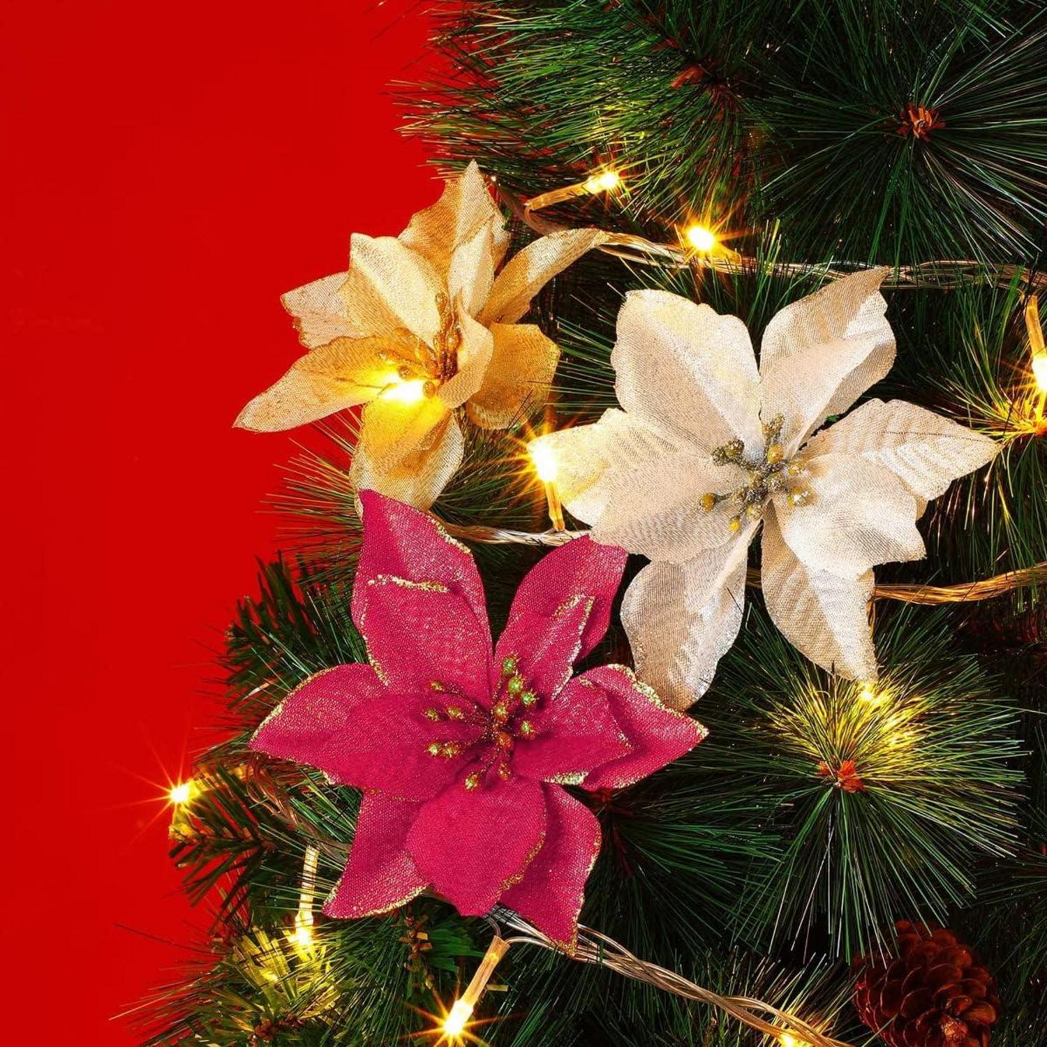24x Weihnachtsstern Künstliche Blumen Set Rot Gold Blau Rosa Glitzer