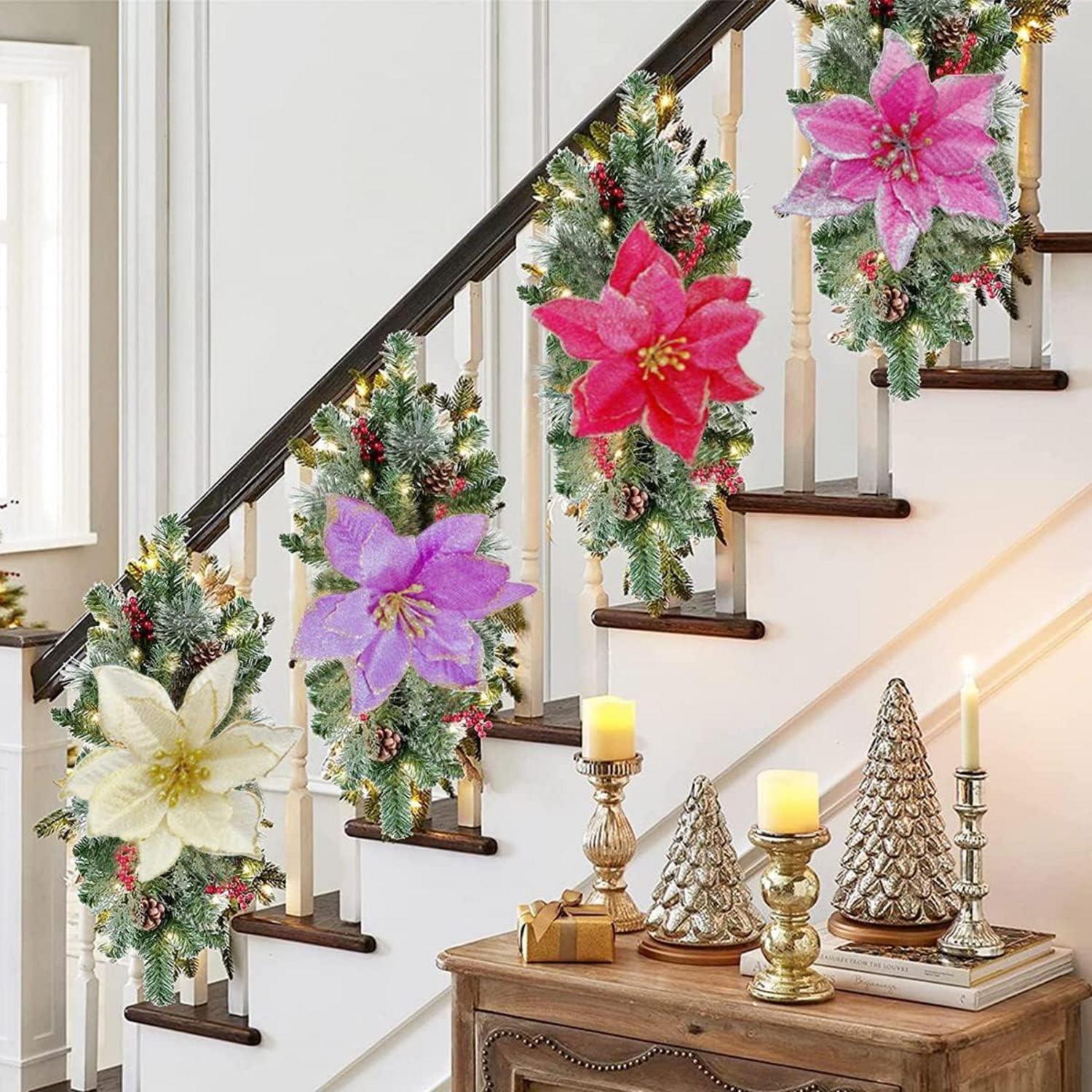 24er Set Weihnachtsblumen Künstlich für Baum Deko - Glitzer Blumen in