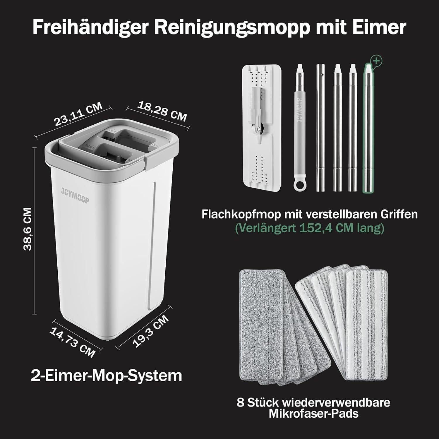 Wischmopp Eimer mit Auswringer 8 waschbaren Mikrofaser-Pads Wischgriff