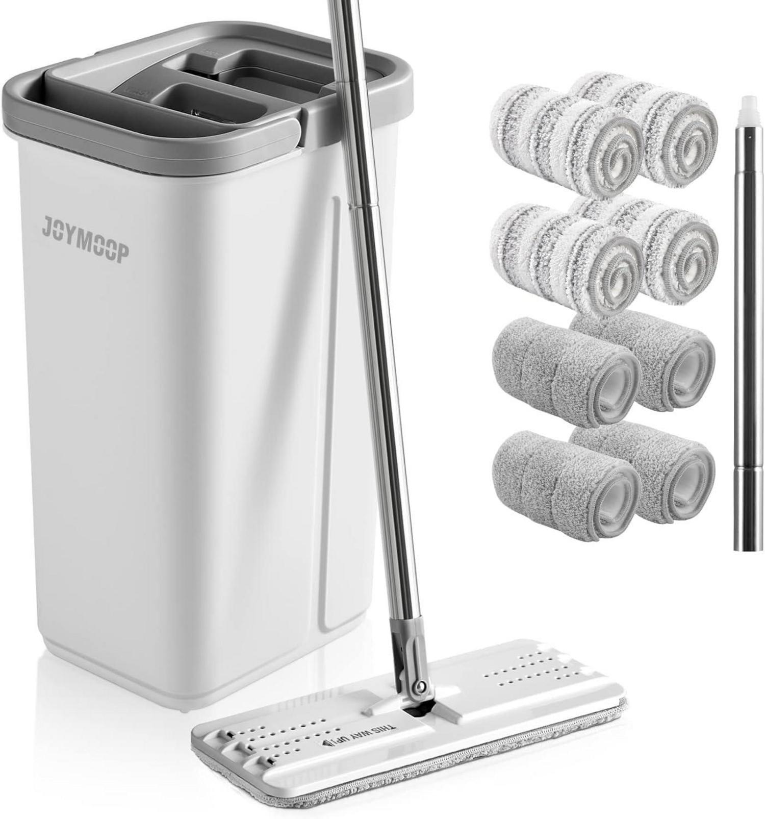 JOYMOOP Flacher Bodenwischer und Eimer Set mit 8 Mikrofaser-Pads