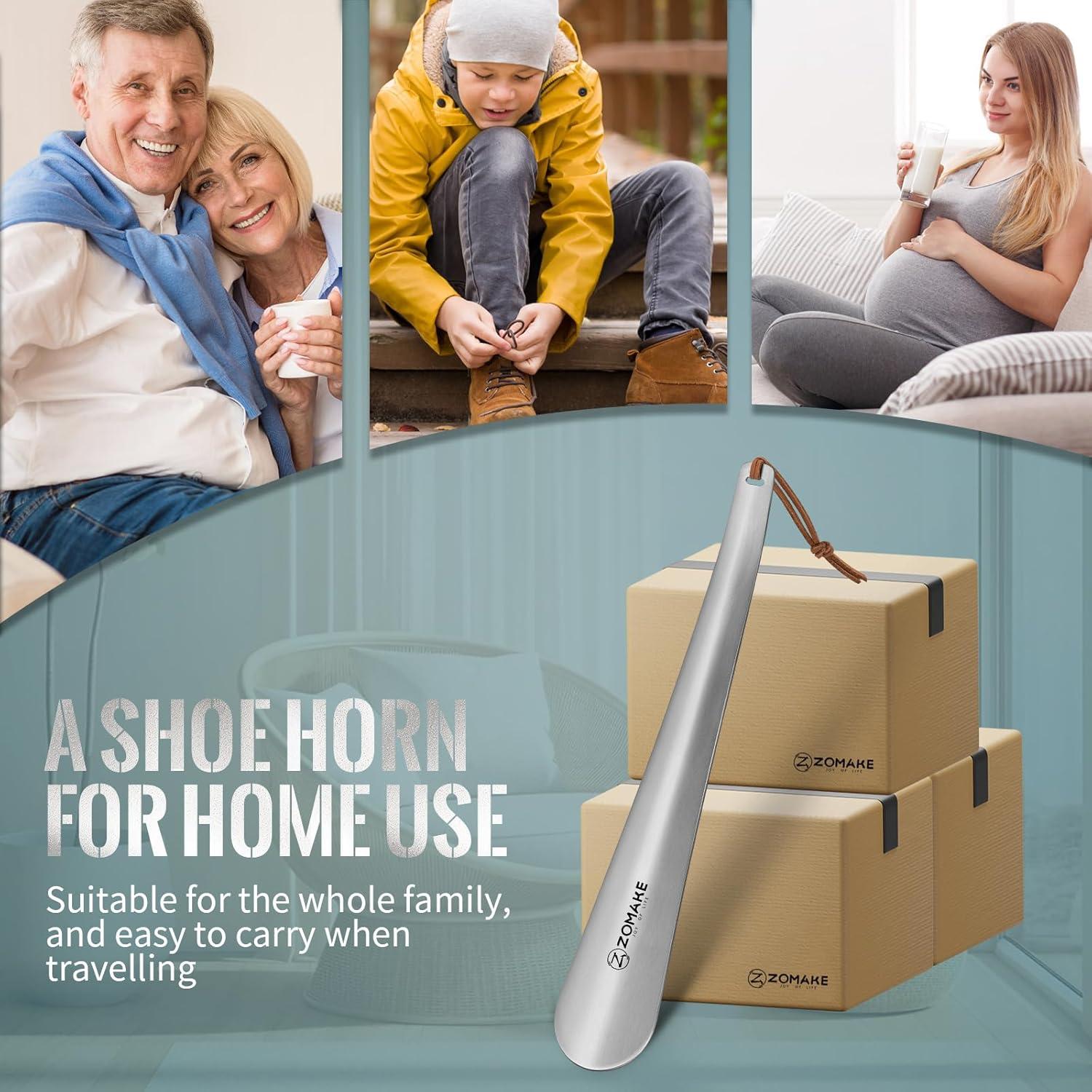 ZOMAKE Schuhlöffel Edelstahl Silber 30cm Shoe Horn Stabil Öse