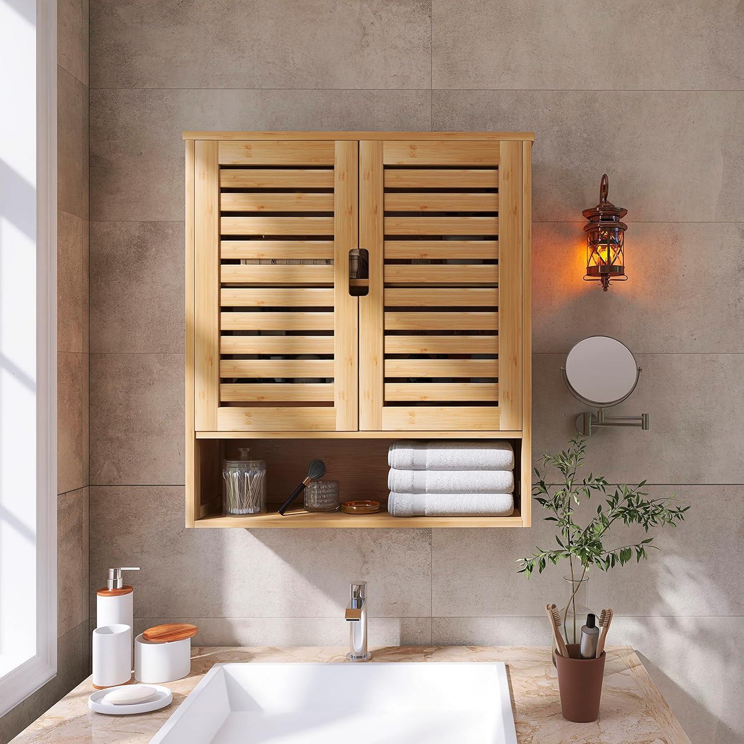 Badezimmerschrank Bambus Wandmontage Toilette Lagerung Medizinschrank 2 Tür