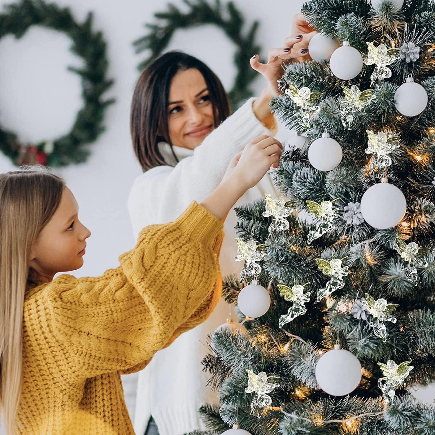 12er Set Transparente Engel Weihnachtsbaum Anhänger Goldene Flügel 7cm Adventsschmuck