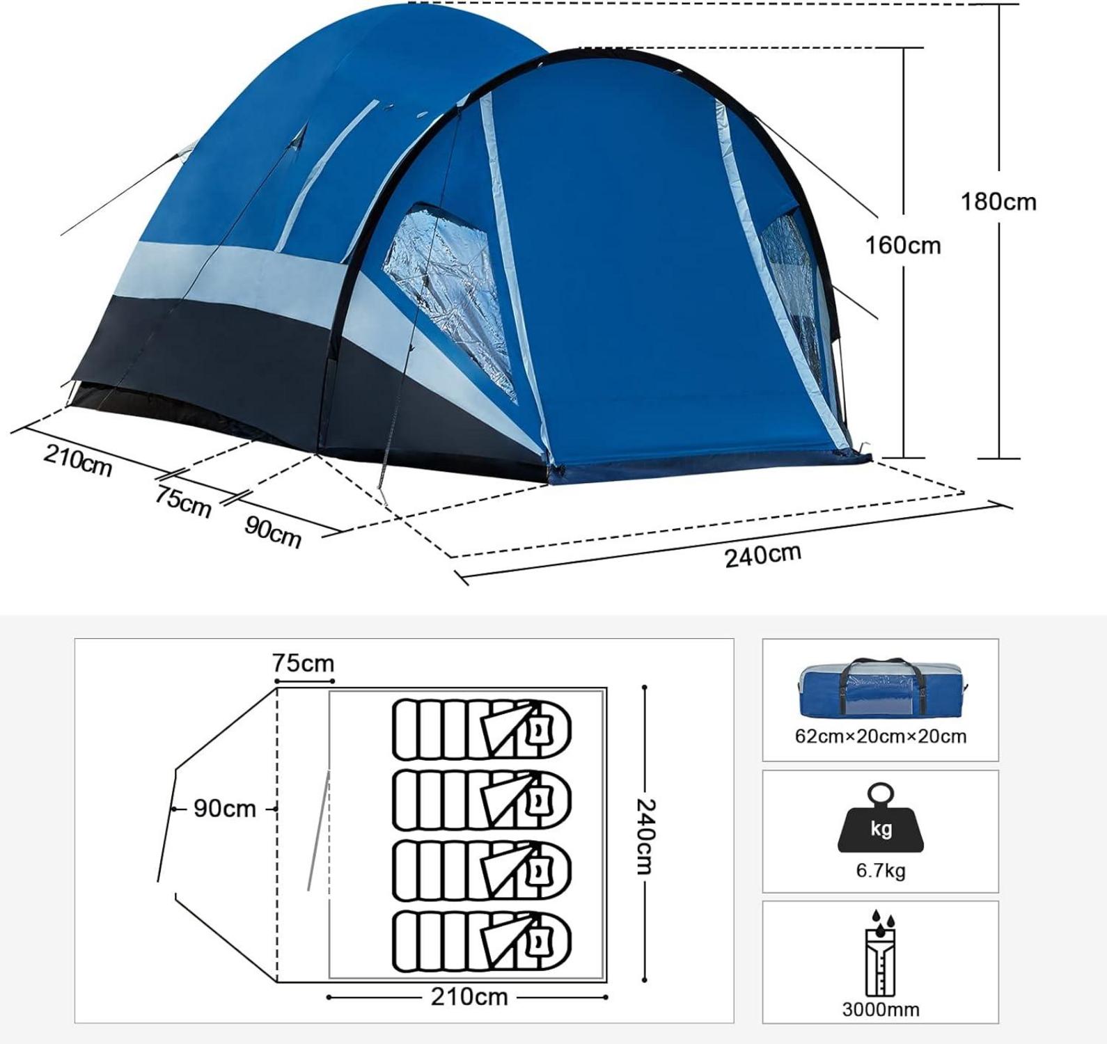 Portal Zelt 3-4 Personen XL Camping Kuppelzelt Vorraum 3000mm Wasserdicht