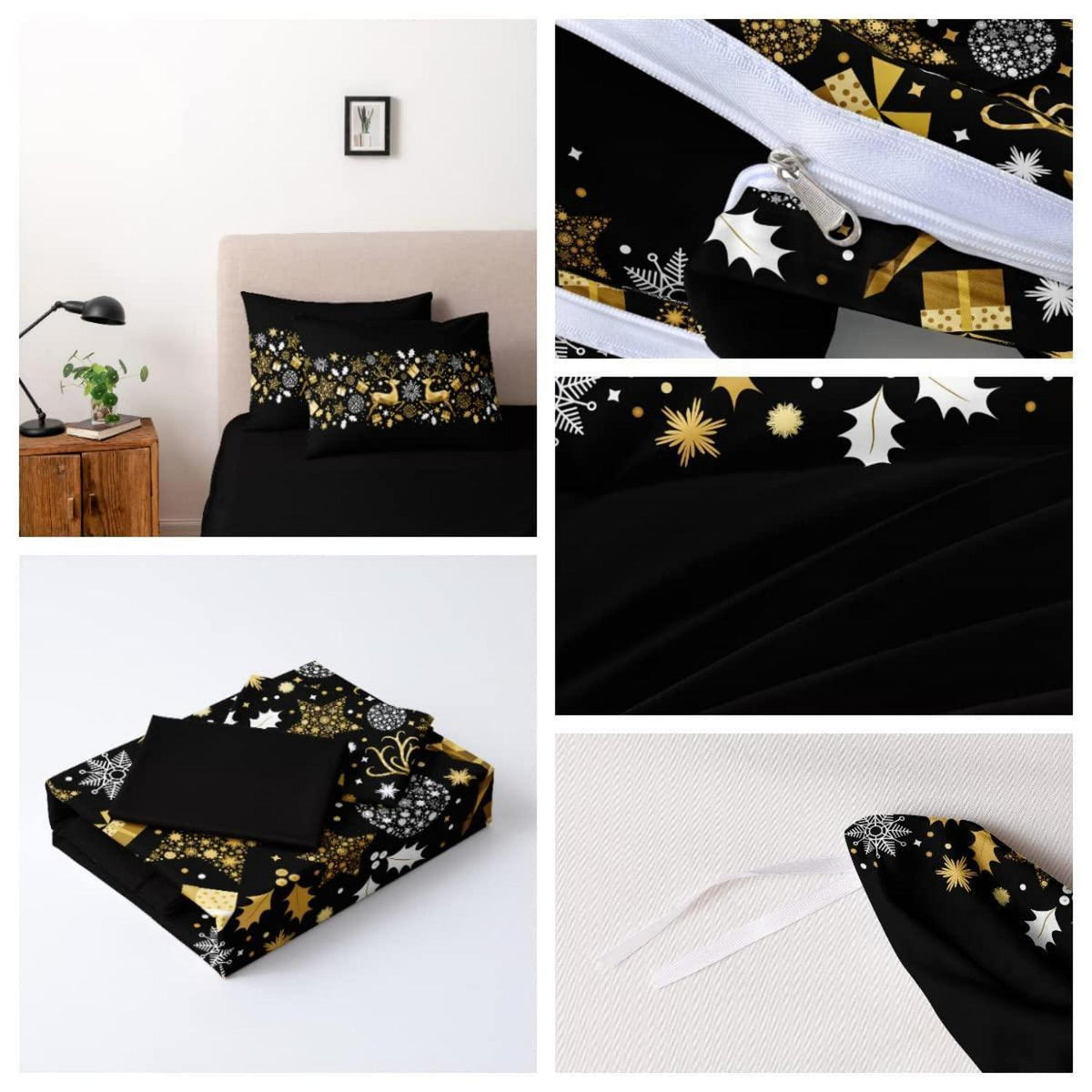 Weihnachtliche Bettwäsche 135x200 4tlg. Rentier Design Schwarz