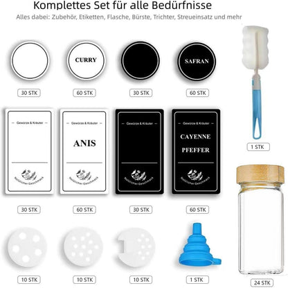 24er Gewürzgläser Set Bambusdeckel Etiketten Aufkleber Trichter
