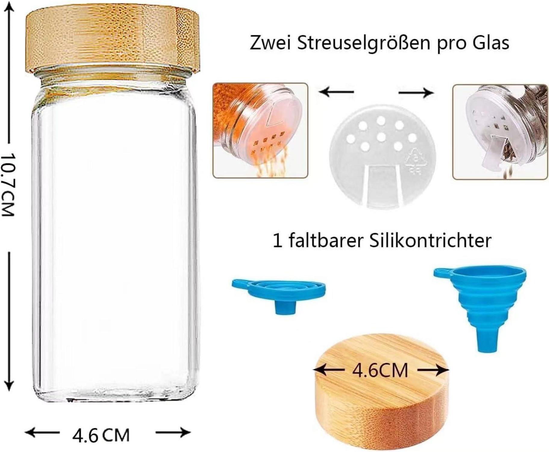 Gewürzgläser Set Bambusdeckel Streueinsatz Etiketten Aufkleber Trichter