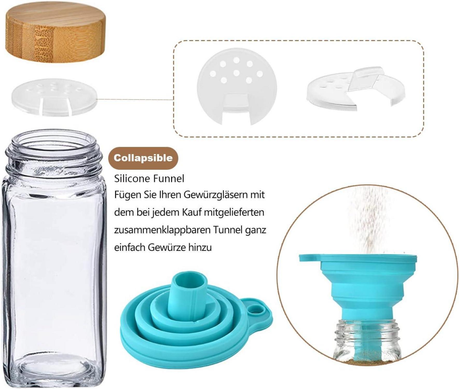 24er Gewürzgläser Set Bambusdeckel Streueinsatz Etiketten & Trichter