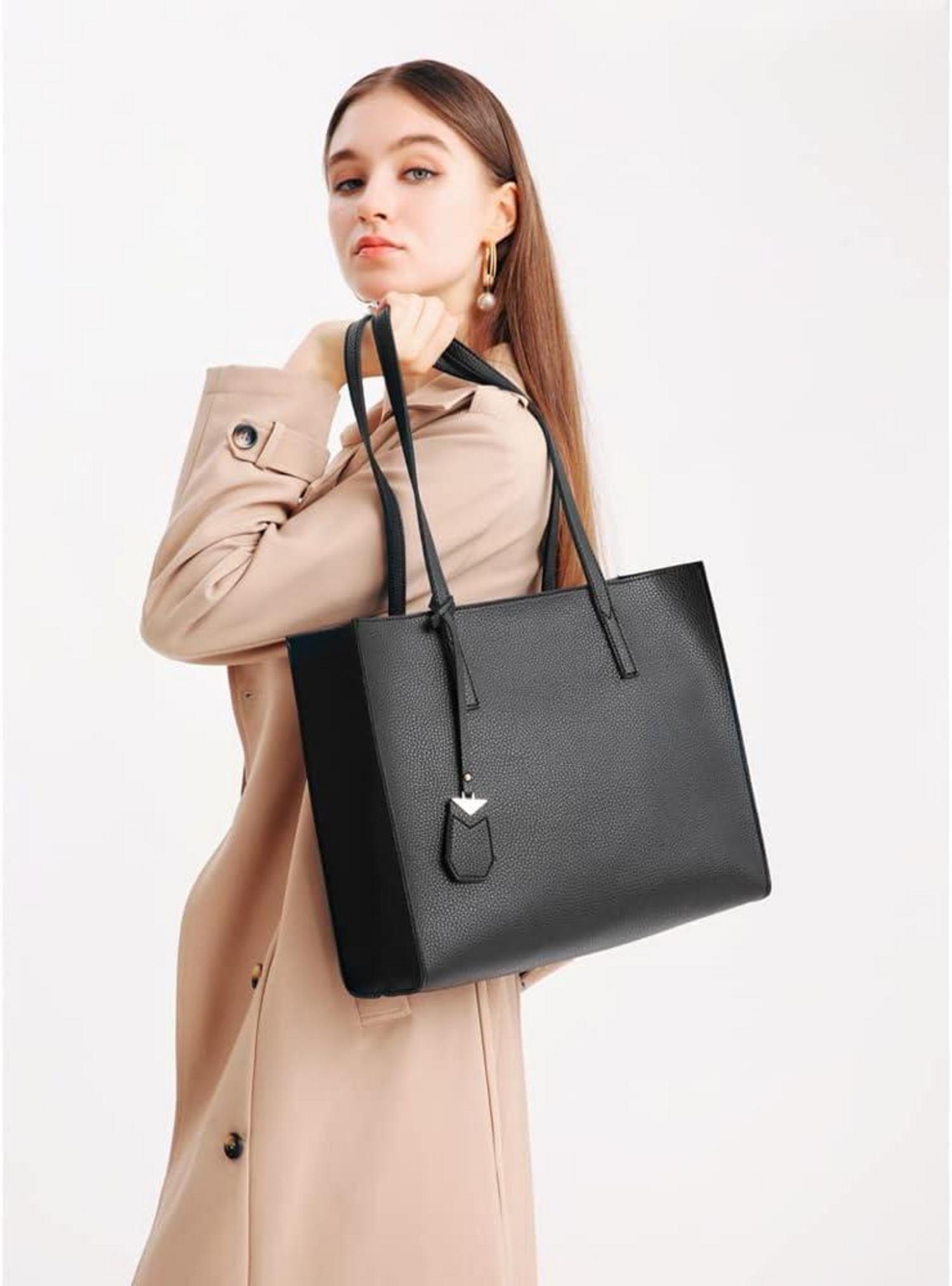Große Damen Handtasche Shopper Schultertasche Schwarz Kunstleder