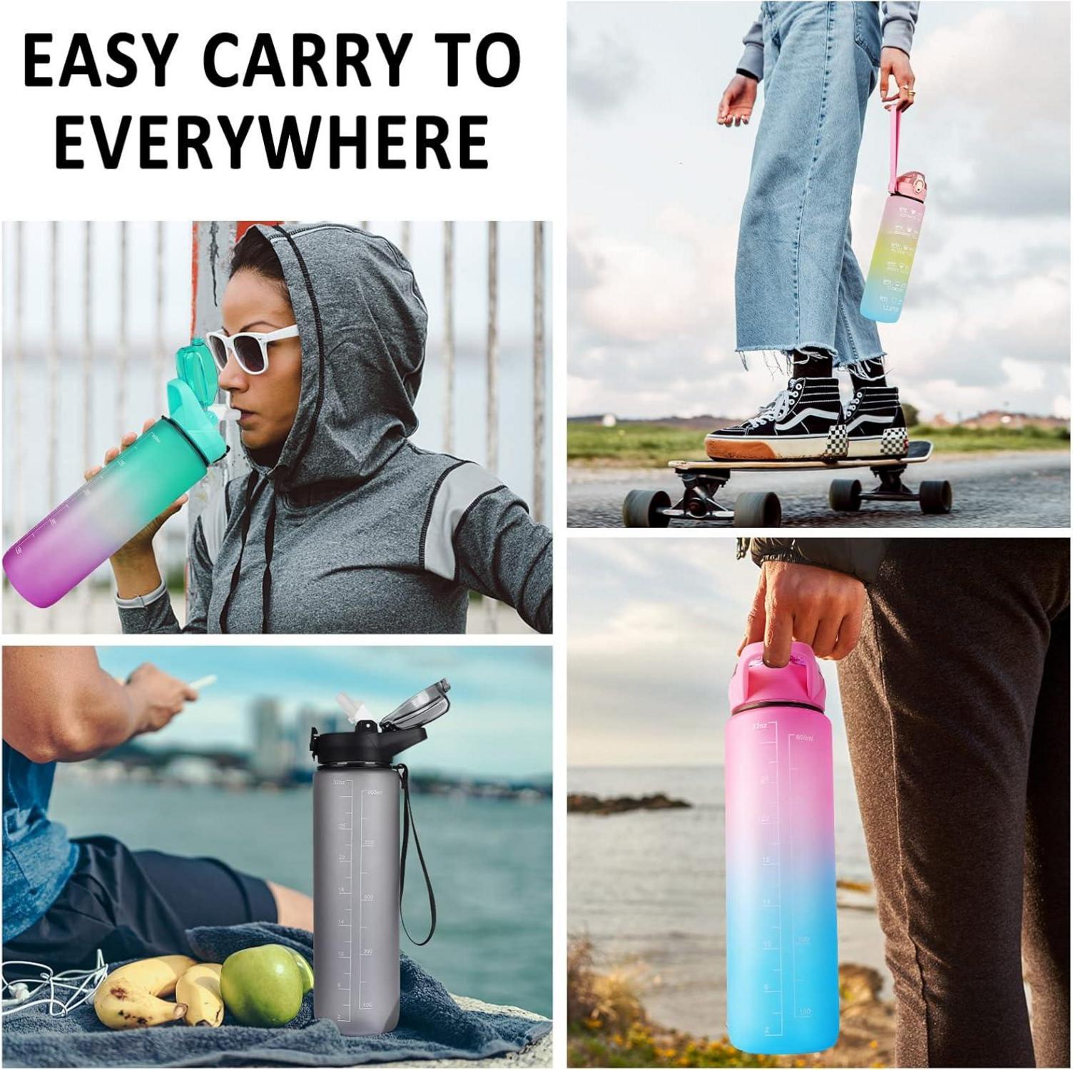 Trinkflasche mit Strohhalm 1L, Sport Wasserflasche Zeitmarkierungen