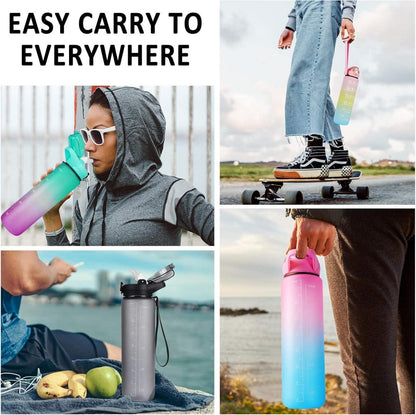 Trinkflasche mit Strohhalm 1L, Sport Wasserflasche Zeitmarkierungen