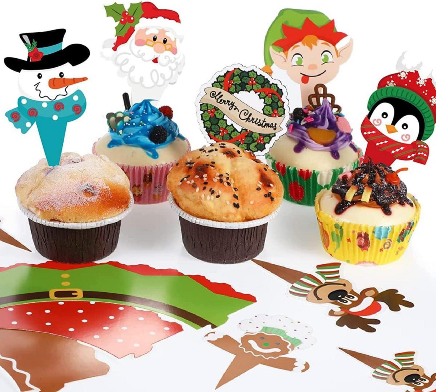 96 Stück Weihnachtskuchendekoration Set, Cupcake Topper Wrappers, Weihnachtsmotiv, Partydekoration