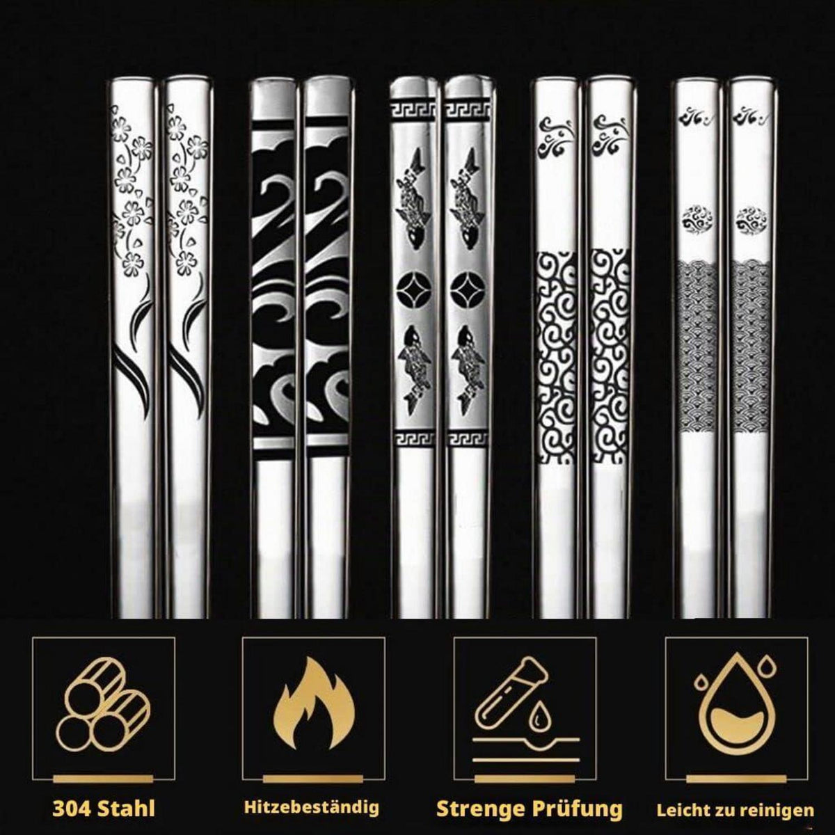 Edelstahl Essstäbchen Set | 5 Paar Wiederverwendbar mit Lasergravur