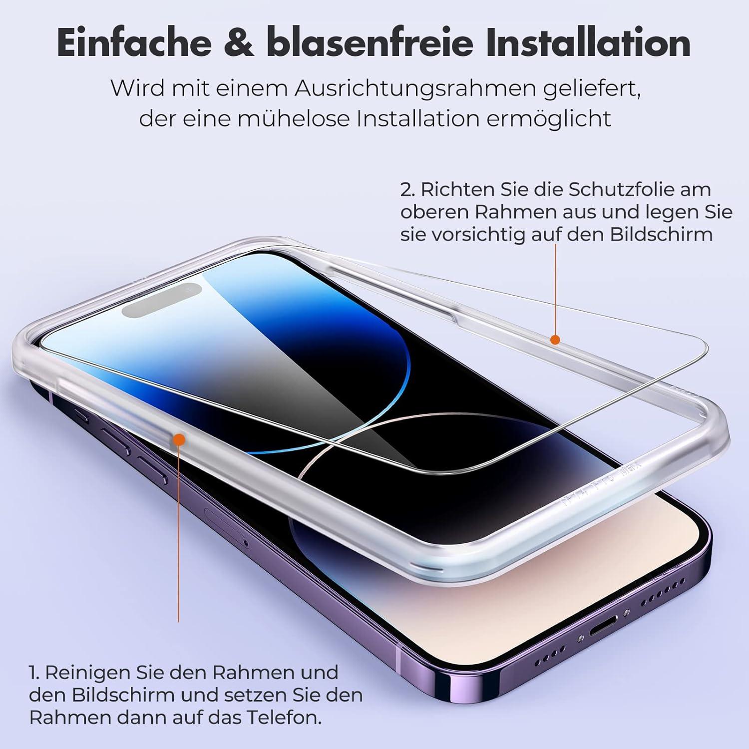 Panzer Schutz Glas für iPhone 14 Pro [3 Stück], 9H Härte, kratzfest, blasenfrei
