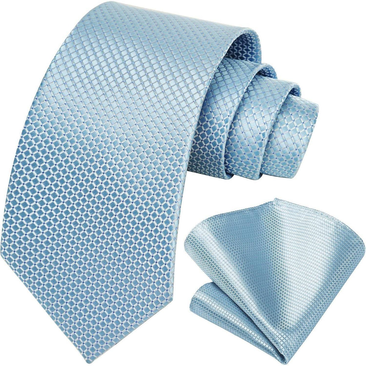 Herren Krawatte & Einstecktuch Set Baby Blau Kariert
