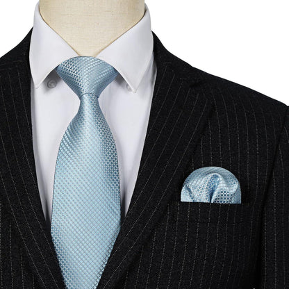 Herren Krawatte & Einstecktuch Set Baby Blau Kariert