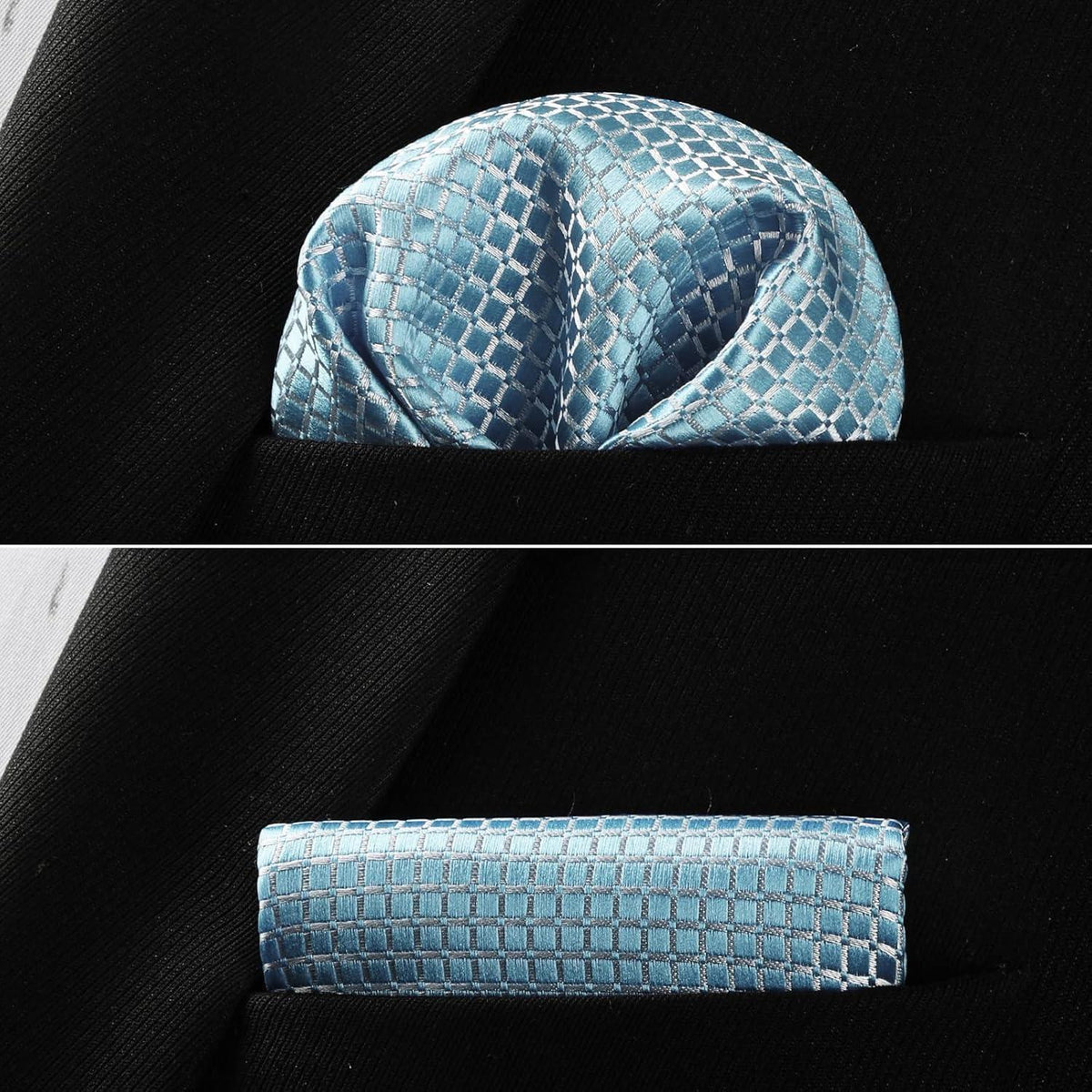 Herren Krawatte & Einstecktuch Set Baby Blau Kariert
