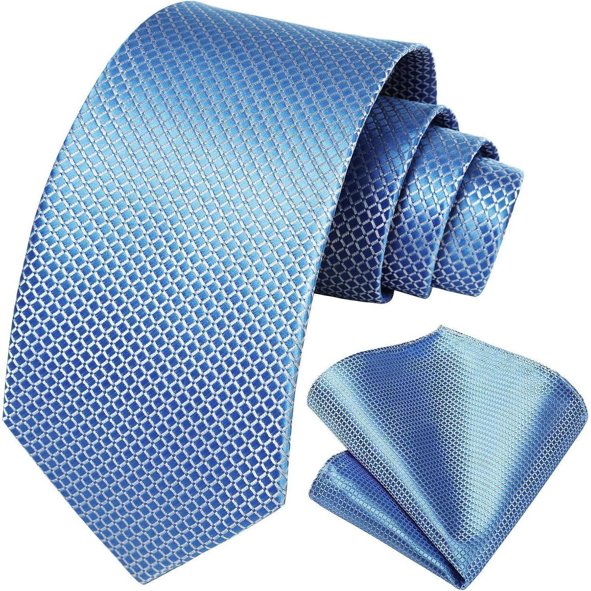 Herren Krawatte & Einstecktuch Set Hellblau Kariert Elegant