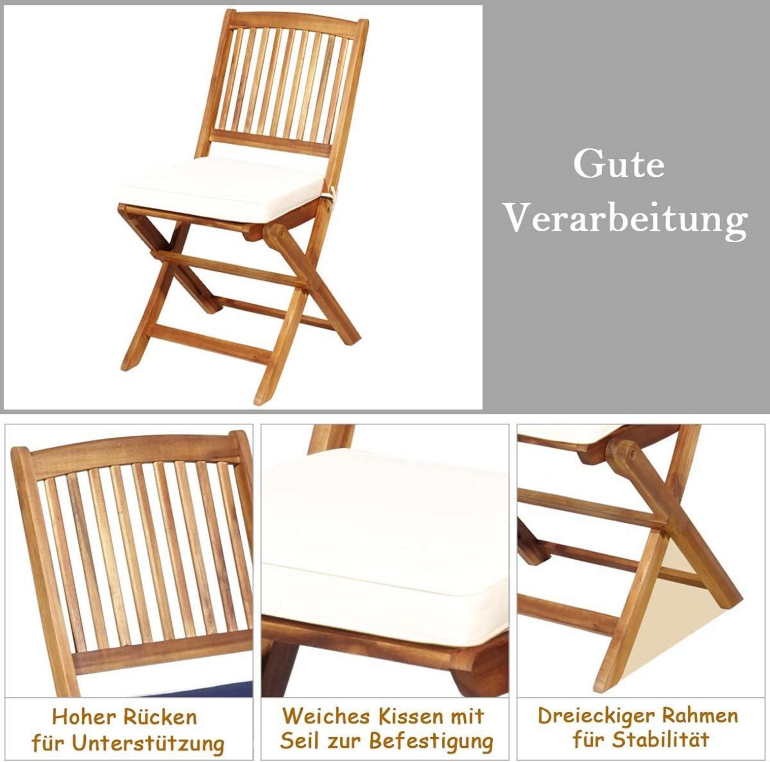3tlg. Gartenmöbel Set aus Akazienholz mit klappbaren Stühlen und