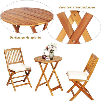3tlg. Gartenmöbel Set Akazienholz klappbar Rundtisch 2 Stühlen Kissen Beige
