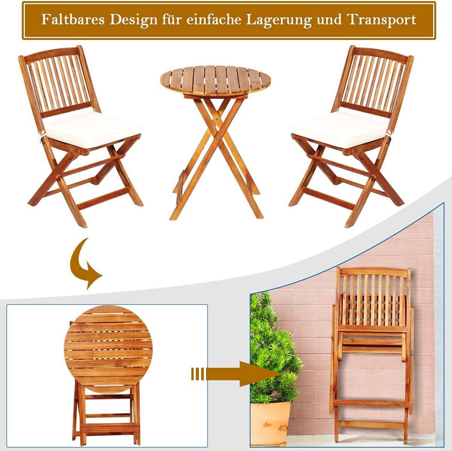 3tlg. Gartenmöbel Set Akazienholz klappbar Rundtisch Stühle Kissen
