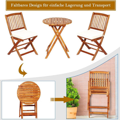 3tlg. Gartenmöbel Set Akazienholz klappbar Rundtisch Stühle Kissen