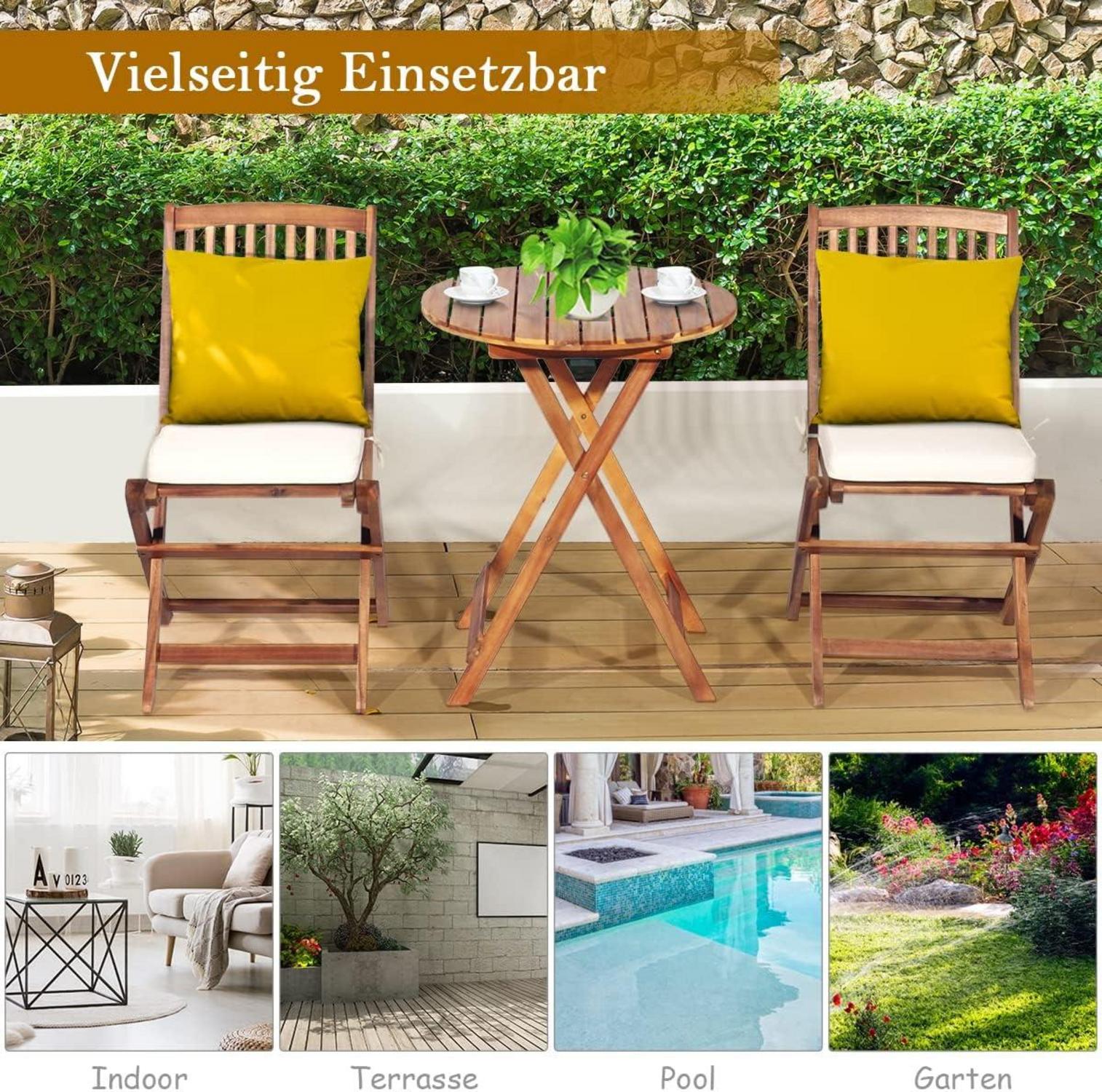 3tlg. Gartenmöbel Set Akazienholz klappbar Rundtisch 2 Stühle Kissen