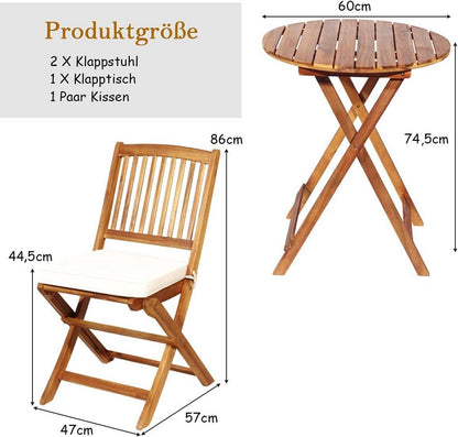 3tlg. Gartenmöbel Set Akazienholz klappbar Rundtisch Stühle Kissen