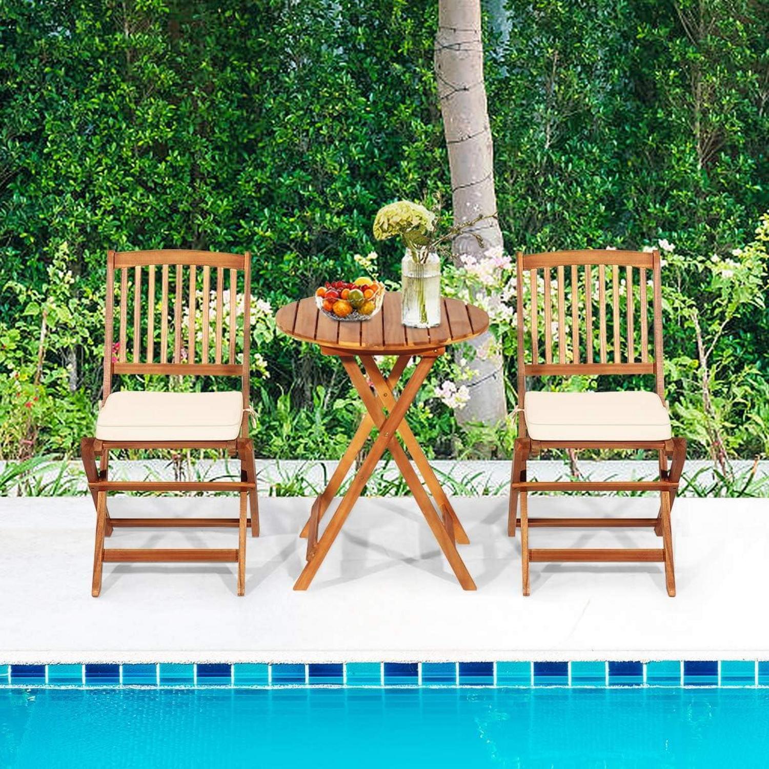 3tlg. Gartenmöbel Set Akazienholz klappbar Rundtisch 2 Stühlen Kissen Beige