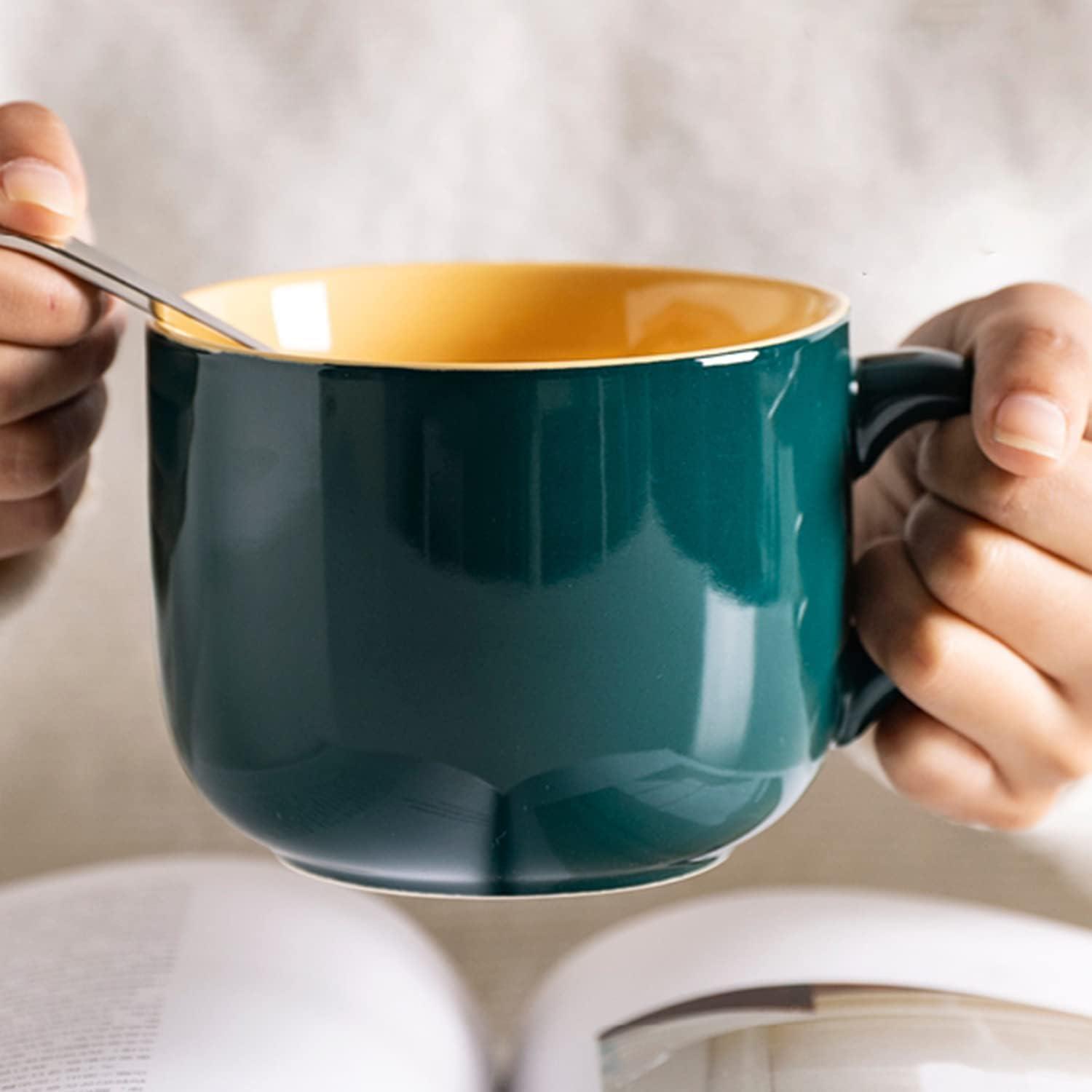 Große Keramik Tee-Kaffee Tasse 600ml mit Löffel & Untersetzer Grün
