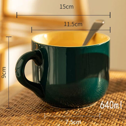 Große Keramik Tee-Kaffee Tasse 600ml mit Löffel & Untersetzer Grün