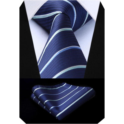 Herren Krawatten-Set gestreift mit Einstecktuch Marineblau