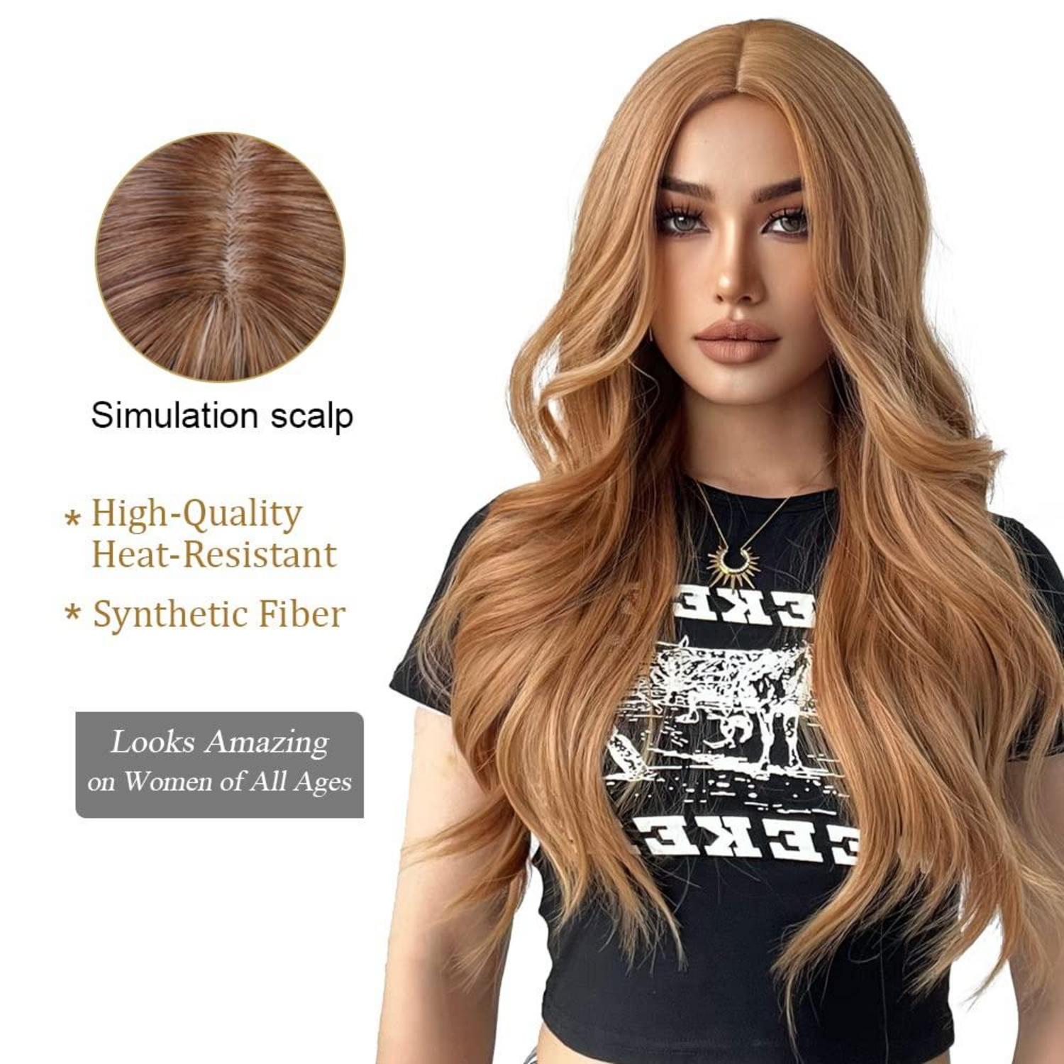 Lange Gewellte Erdbeerblonde Synthetische Perücke 24 Zoll - Hitzebeständig, Natürliches Aussehen, Atmungsaktiv, Verstellbare Größe