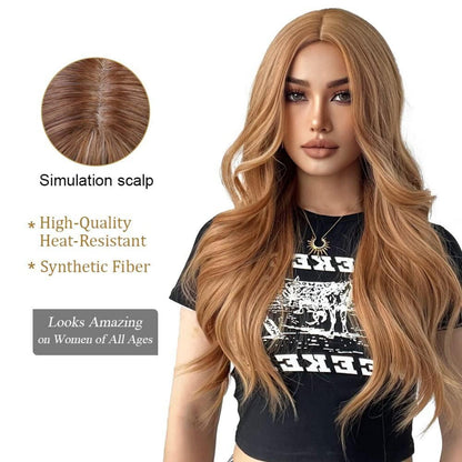 Lange Gewellte Erdbeerblonde Synthetische Perücke 24 Zoll - Hitzebeständig, Natürliches Aussehen, Atmungsaktiv, Verstellbare Größe